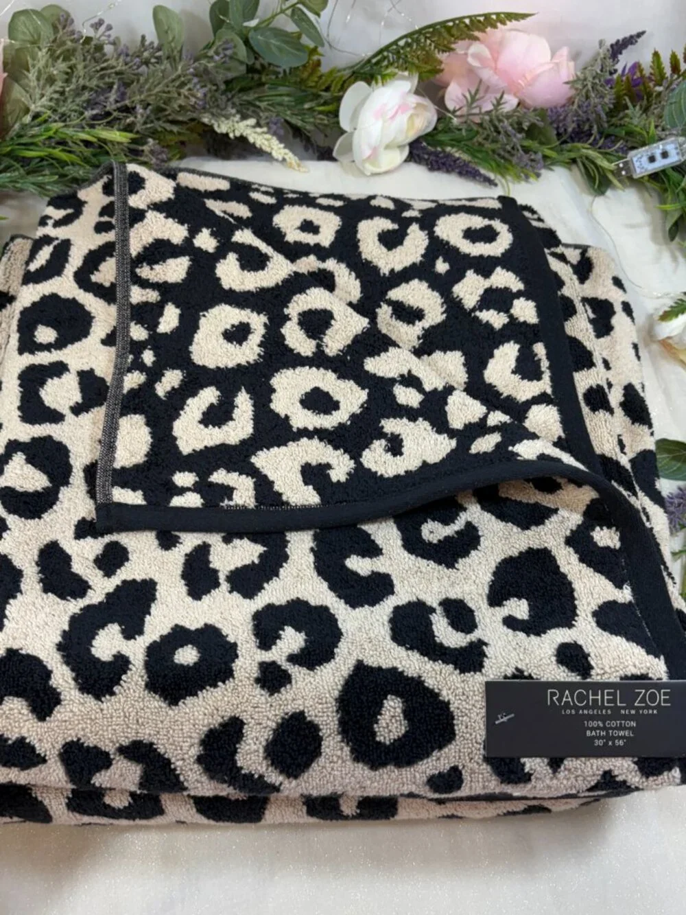 Rachel Zoe Leopard Print Black Beige Bath Hand Towels Washcloth 8 Pc Set Revers